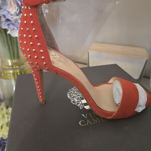 Vince Camuto Red Studded Suede Open-Toe High Heel Sandal